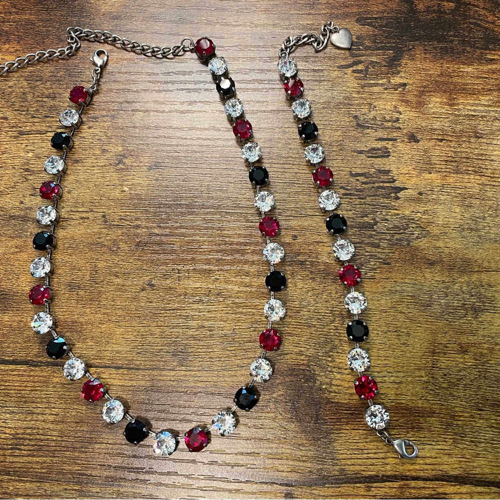 Elegant Red, Black, and Silver Necklace and Bracelet Set